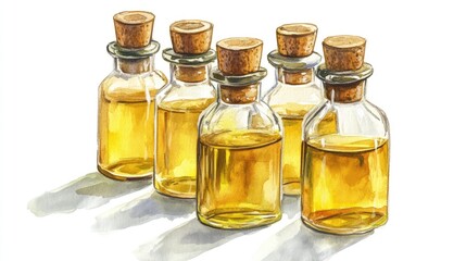 Watercolor illustration of several small glass bottles with corks containing yellow liquid