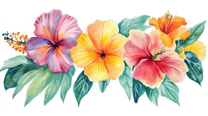 Watercolor illustration of tropical flowers in summer colors
