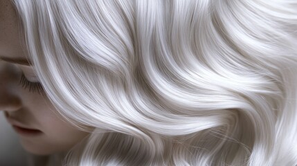 Naklejka premium Close-up of flowing, wavy white hair against a soft background.