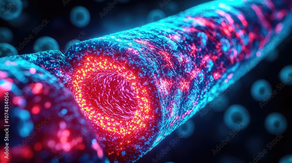 Poster close-up of a colorful cell structure with glowing elements, on black background.