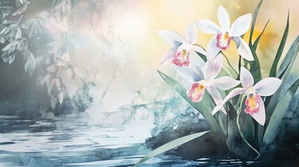 Watercolor painting of orchids set against a natural backdrop