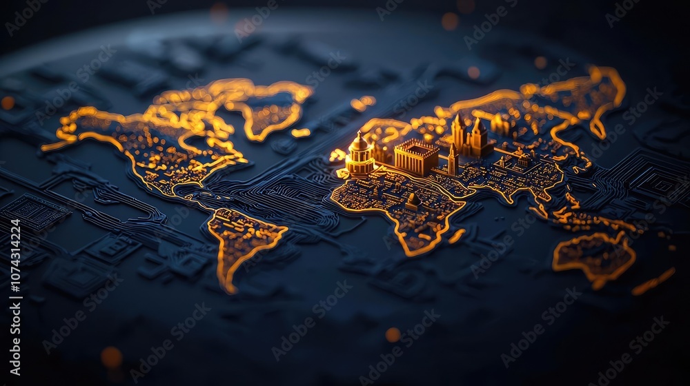 Poster illuminated world map design on dark background.