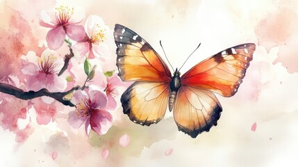 Watercolor illustration of a butterfly resting on a branch of a blooming tree in spring