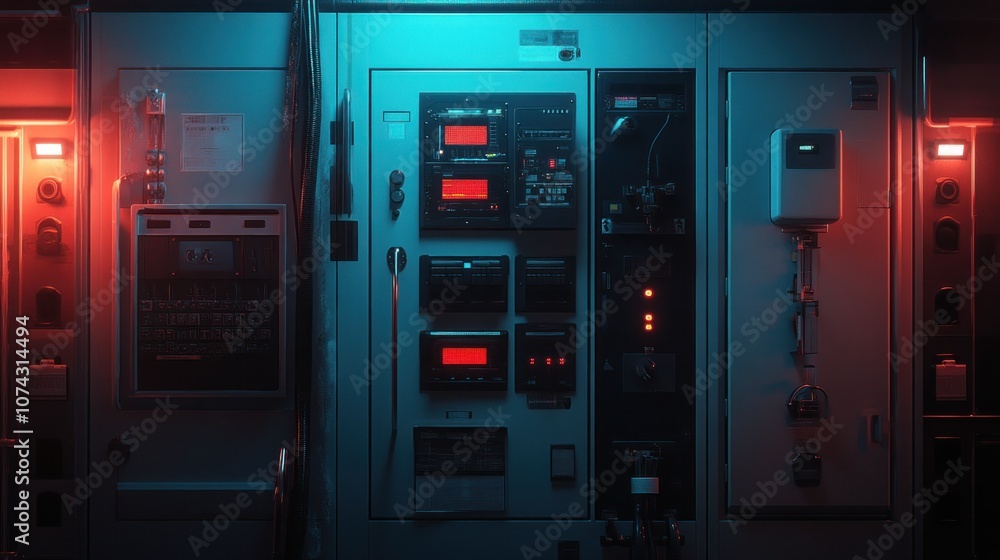 Poster a control panel with illuminated displays and buttons in a dimly lit environment.