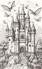 Fototapeta premium “Fantasy Castle with Dragons Coloring Page” – Simple Line Art of a Fairy Tale Castle and Flying Dragons for Children’s Coloring on a White Background