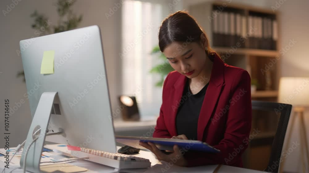 Poster businesswoman analyzing data on a clipboard while working on a desktop computer in a modern office s