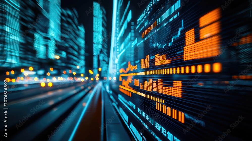 Poster Digital data visualization with glowing graphs and city lights in the background.