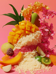 Comparative Analysis of Glutinous Rice Preparations: Lychee Juice vs. Mango Puree with Health Impacts and Tropical Visuals