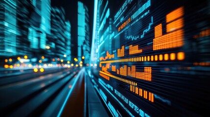 Digital data visualization with glowing graphs and city lights in the background.