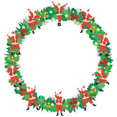 いろいろなポーズのサンタクロースをあしらったクリスマスリースのベクターイラスト