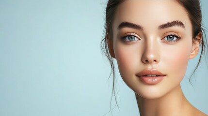 Naklejka premium Portrait of a young woman with perfect skin and bright eyes, soft lighting enhancing facial contours and smooth complexion, serene background