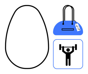 Egg outline, blue sports bag with price tag, weightlifter holding barbell icon in square. Ideal for retail, health, sports, fitness, shopping food lifestyle themes. Line metaphor