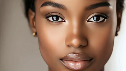 Fototapeta premium Radiant woman with perfect, smooth skin in close-up, showcasing natural beauty, subtle makeup, and a calm expression