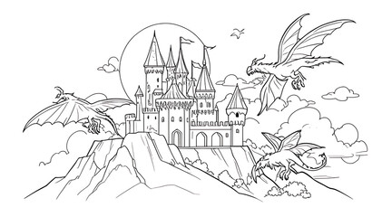 Fototapeta premium “Fantasy Castle with Dragons Coloring Page” – Simple Line Art of a Fairy Tale Castle and Flying Dragons for Children’s Coloring on a White Background