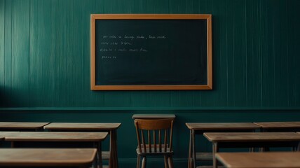A classroom scene featuring wooden desks, a single chair, and a chalkboard with writing, set against a textured green wall.