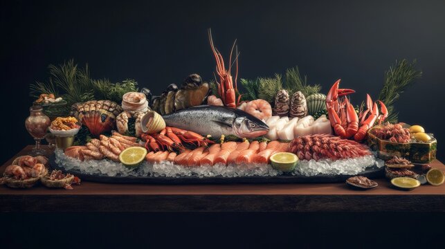 Festive Seafood Buffet Display with Assorted Fish and Shellfish