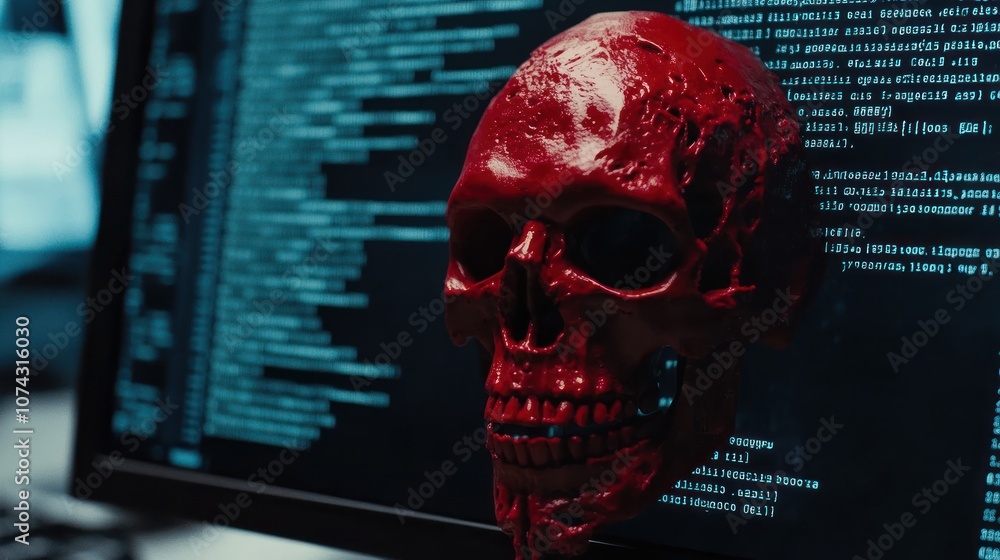Poster a red skull rests on a computer monitor displaying code, blending themes of technology and macabre.
