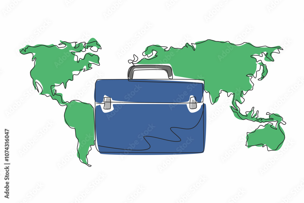 Poster single continuous line drawing briefcase with world map background. business trip abroad. conducting