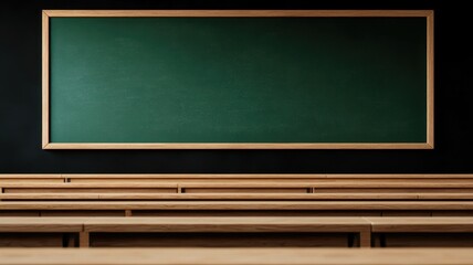 A simple classroom scene featuring a green chalkboard on a black wall, with wooden benches arranged in front, creating an educational atmosphere.