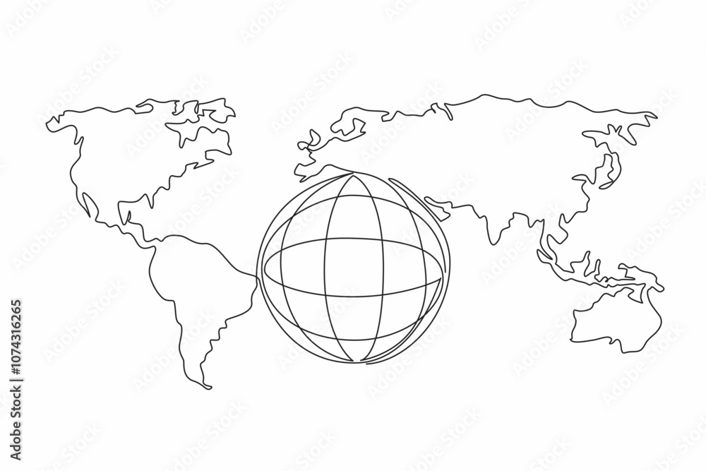 Aufkleber single continuous line drawing globe with world map background. travel between countries and even co