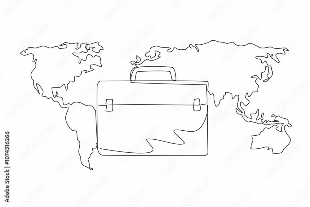 Poster single continuous line drawing briefcase with world map background. business trip abroad. conducting