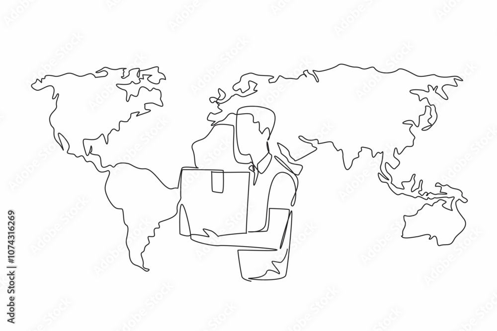 Poster single one line drawing man carrying package with world map background. register at customs for good