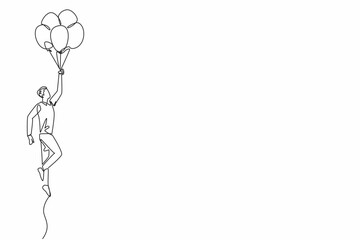 Single one line drawing the male worker standing holding lots of balloons. Celebration. Brilliance. Profitable projects abound. National Fun at Work Day. Continuous line design graphic illustration