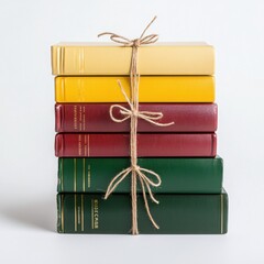 Stack of colorful books tied with twine on a white isolated background.