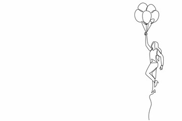 Single one line drawing female worker standing holding many balloons. Celebrating the division's success. Full of color and joy. National Fun at Work Day. Continuous line design graphic illustration
