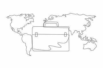 Single continuous line drawing briefcase with world map background. Business trip abroad. Conducting comparative study assignments. International Customs Day. One line design vector illustration