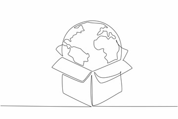 Single one line drawing globe put in box. Metaphor. Shopping online from abroad. Subject to import duties. Shipping. Delivery. International Customs Day. Continuous line design graphic illustration