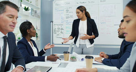 Presentation, planning and idea with business woman in meeting for strategy, brainstorming and...