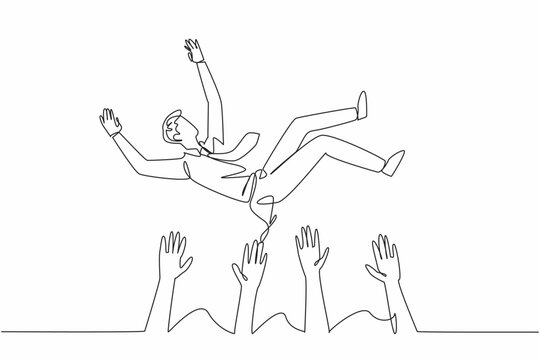 Single continuous line drawing male workers lifted and thrown upwards by several hands. Team victory. Big tender on the project list. National Fun at Work Day. One line design vector illustration