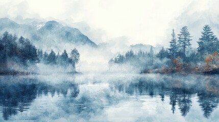 Fototapeta premium Watercolor artwork depicting fog over a lake created using 3D rendering techniques