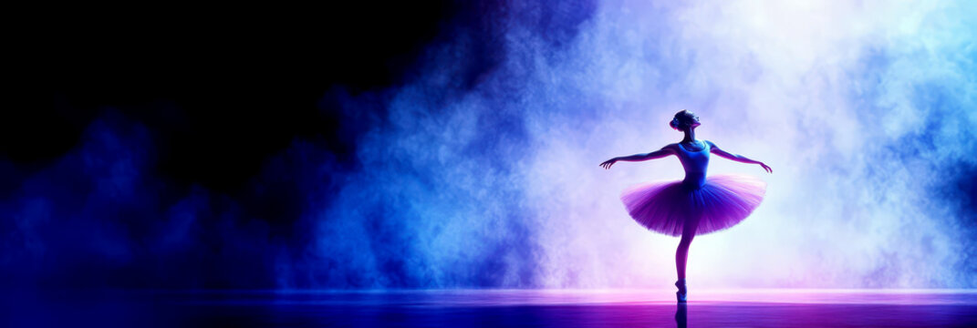 Elegant ballet dancer on stage celebrating World theatre day with dramatic lighting and mist. Horizontal banner. Copy space. International Dance Day - Powered by Adobe