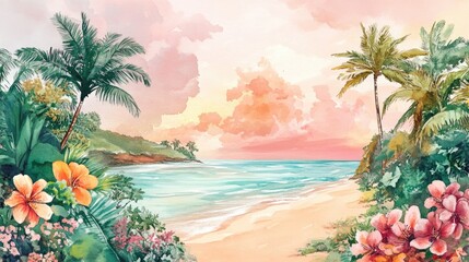 Fototapeta premium Watercolor illustration of a tropical beach scene featuring palm trees and vibrant flowers along the shore beneath a pink cloudy sky An idyllic paradise captured during sunset or sunrise