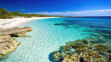 Obraz premium Scenic Shark Bay shoreline with clear turquoise water, white sandy beaches, and coral reef patches.