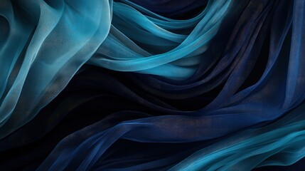 Obraz premium Elegant swirls of navy, teal, and aqua tulle, flowing over a jet-black background, creating a rich sense of depth and sophistication,