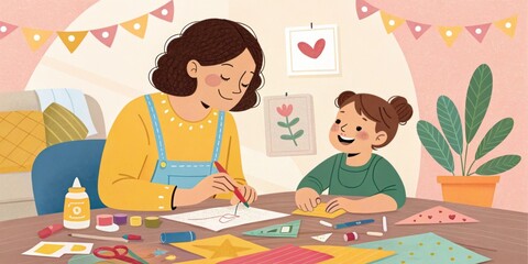 Indian mother and daughter enjoying quality time together, engaging in arts and crafts activities at the table in their cozy home, creating handmade decorations and strengthening their bond