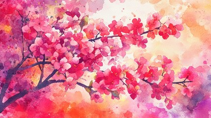 Watercolor illustration of blooming flower trees in springtime Beautiful spring blooms Pink floral background