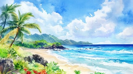 Watercolor illustration of a vibrant island setting showcasing ocean life and a beautiful beach under a clear blue sky Ideal destination for a scenic getaway