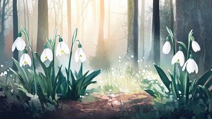 Obraz premium Watercolor illustration of snowdrop flowers in a spring forest