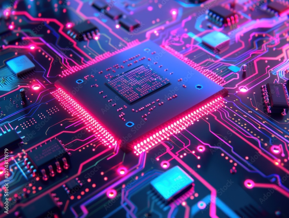 Poster a vibrant close-up of a circuit board with a central processor and glowing connections.
