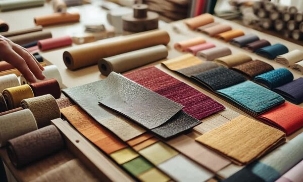 A hand selecting fabric swatches from a variety of colorful textile samples on a table.