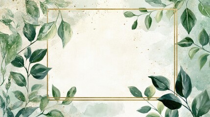 Watercolor wedding invitation design featuring greenery and a gold frame EPS 10 Illustration