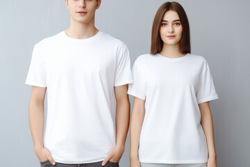 Young people in t-shirts on light background, closeup. Mock up for design 