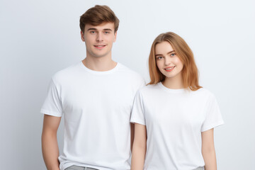 Young people in stylish t-shirts on white background 
