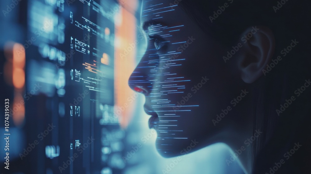 Aufkleber a profile of a woman illuminated by digital data and code, symbolizing technology and innovation.