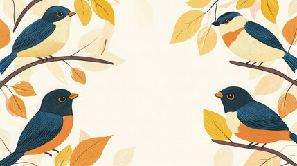 Frame filled with hand-drawn ethnic birds perched among leafy branches, all in warm, earthy tones with accents of bright colors, creating a balanced and inviting border.