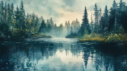Fototapeta premium Watercolor artwork of a small lake surrounded by forest